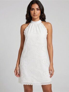 White Boho Eyelet Embroidery Halter Dress